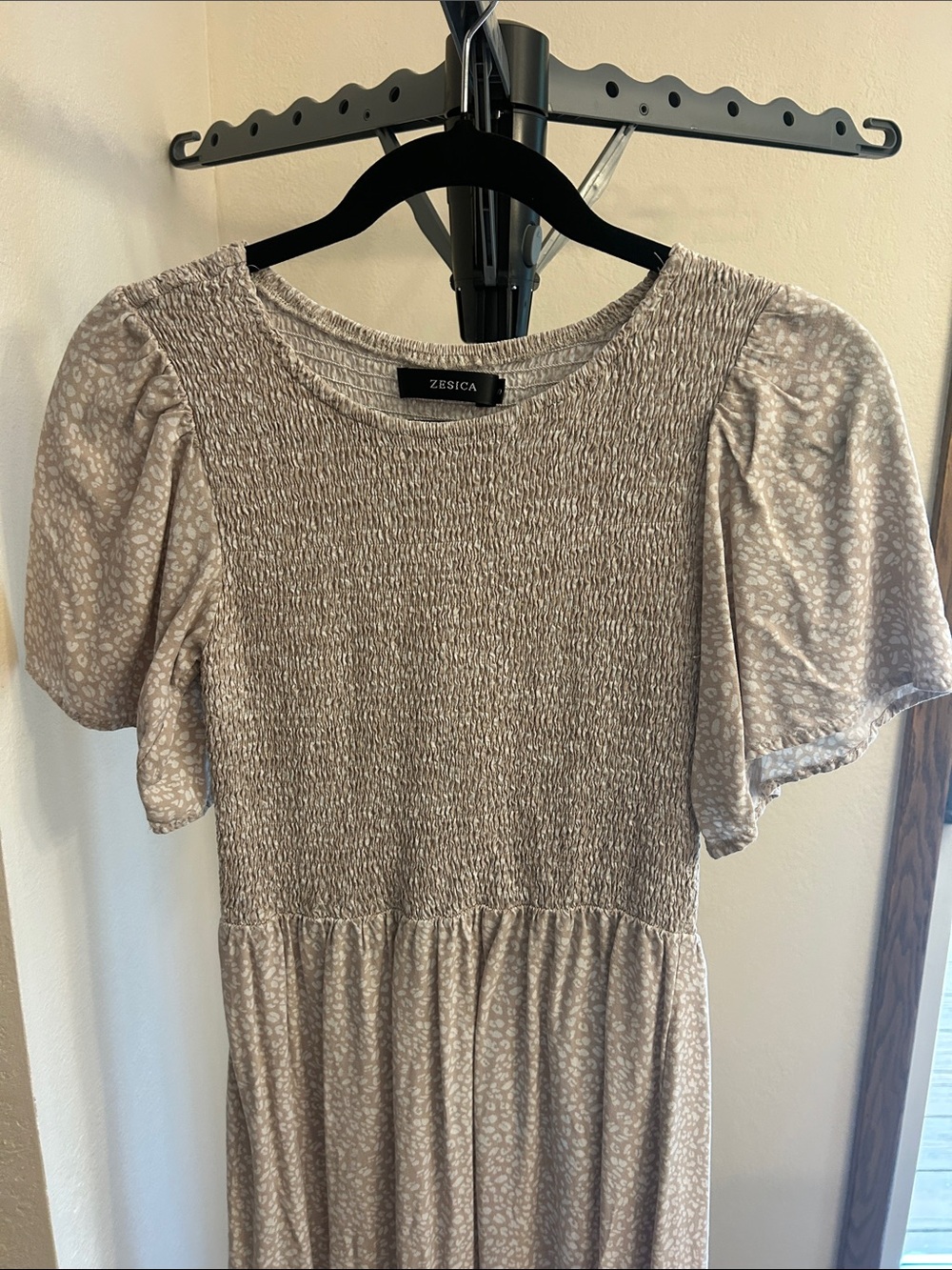 Beige Smocked Puff-Sleeve Maxi Dress